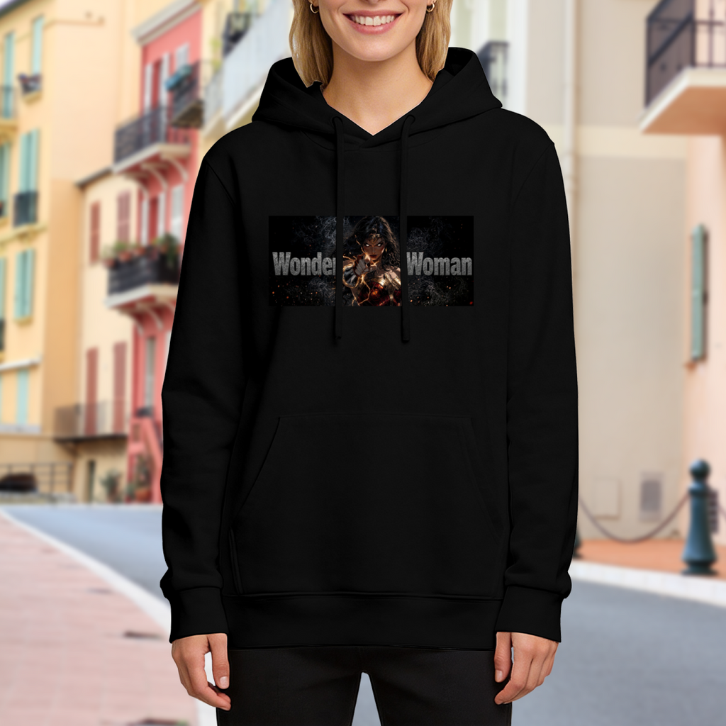 Outdoor photograph of a model in a women's hoodie bearing a warrior with crossed armored bracers in a lettered chest banner
