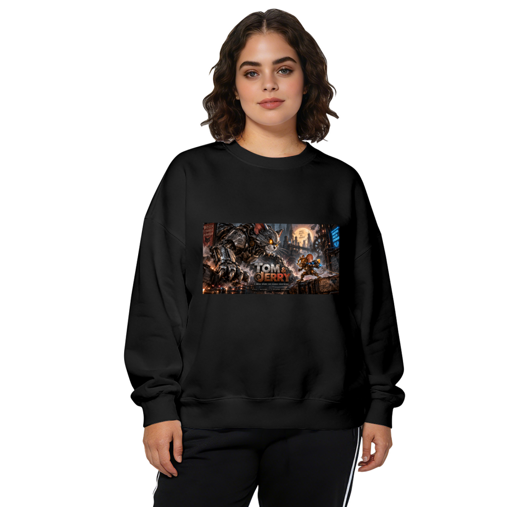 On-model product photo: women's crewneck sweatshirt bearing a mechanical cat and animal figures in a wide chase scene