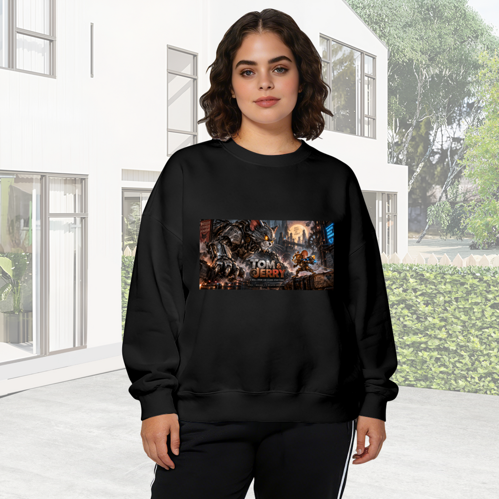 Lifestyle image outdoors: women's crewneck sweatshirt with a front graphic of a mechanical cat and animal figures in a wide chase scene