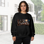 Lifestyle image outdoors: women's crewneck sweatshirt with a front graphic of a mechanical cat and animal figures in a wide chase scene