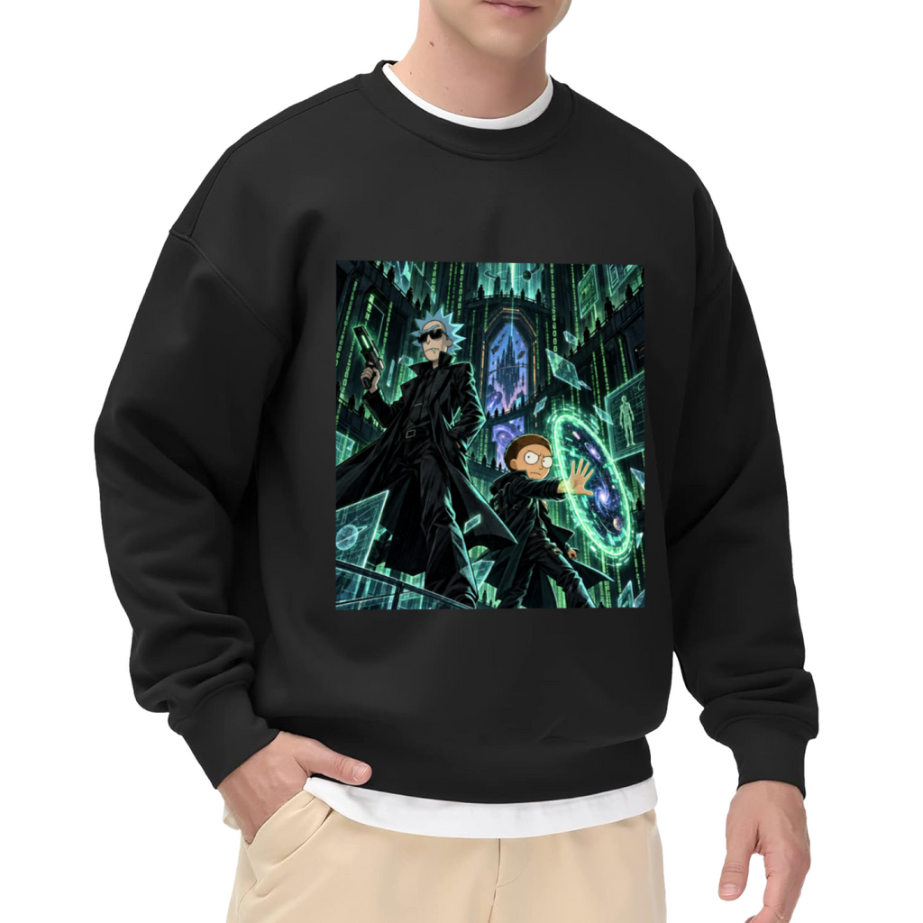 Studio photograph of a model in a men's crewneck sweatshirt showing a circular green portal inside a towering Gothic hall