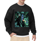 Studio photograph of a model in a men's crewneck sweatshirt showing a circular green portal inside a towering Gothic hall