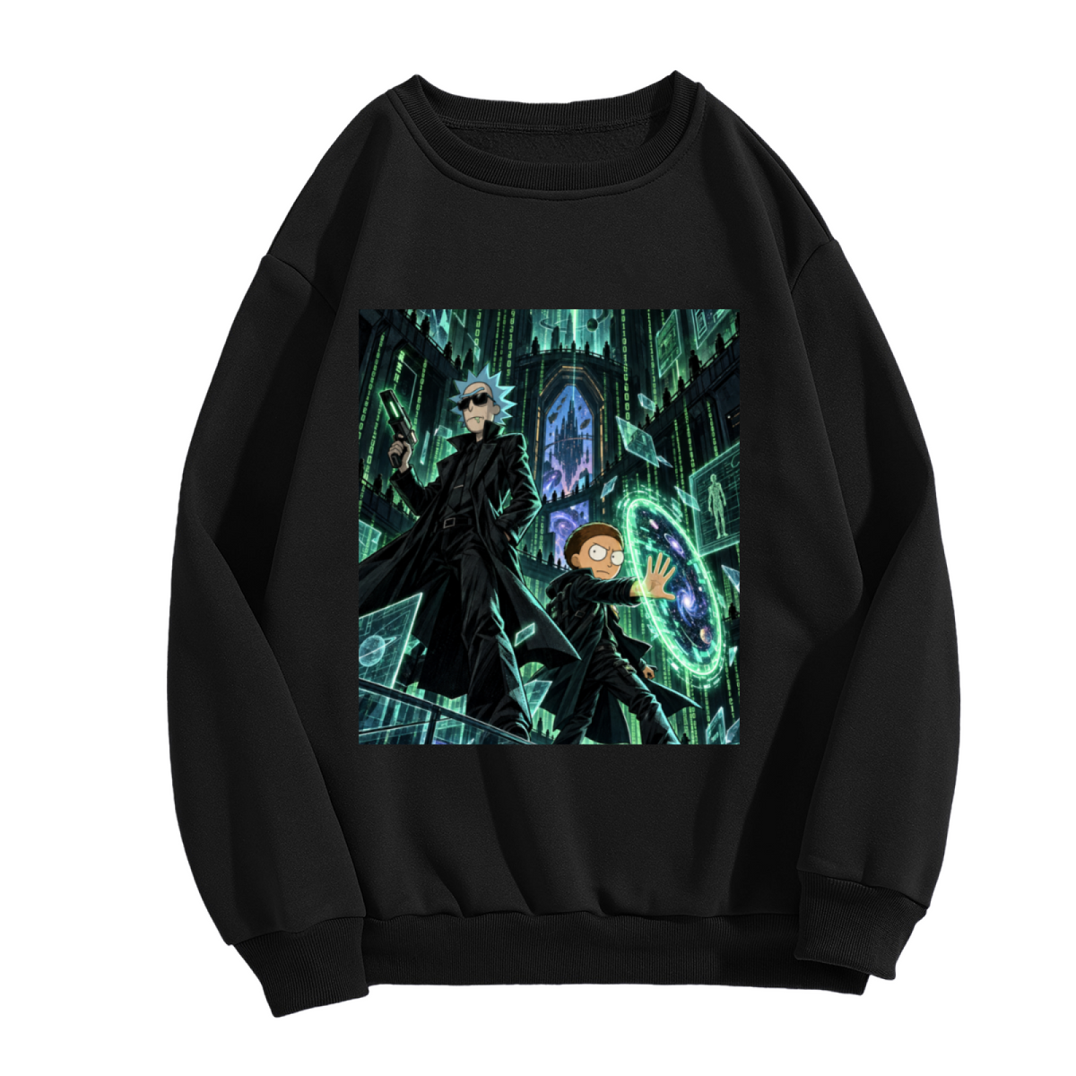Standalone men's crewneck sweatshirt front displaying a graphic of a circular green portal inside a towering Gothic hall