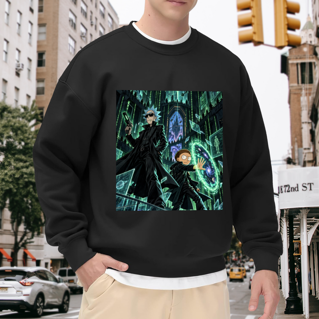 Men's crewneck sweatshirt worn outside, with the camera facing the graphic of a circular green portal inside a towering Gothic hall