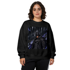 On-model product photo: women's crewneck sweatshirt bearing a watchful armored figure surrounded by violet lightning