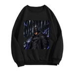 Women's crewneck sweatshirt photographed alone, with a watchful armored figure surrounded by violet lightning on the front