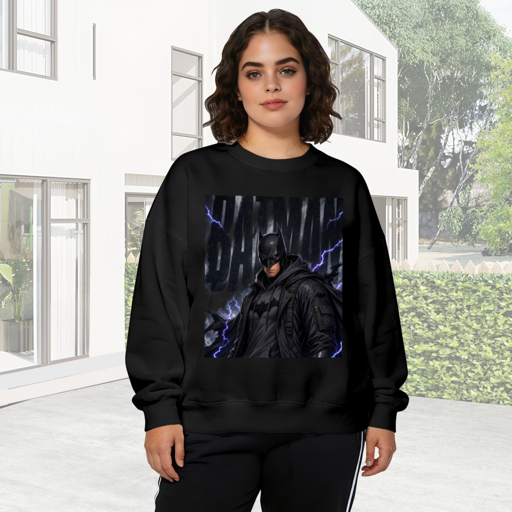 Lifestyle image outdoors: women's crewneck sweatshirt with a front graphic of a watchful armored figure surrounded by violet lightning