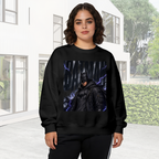 Lifestyle image outdoors: women's crewneck sweatshirt with a front graphic of a watchful armored figure surrounded by violet lightning