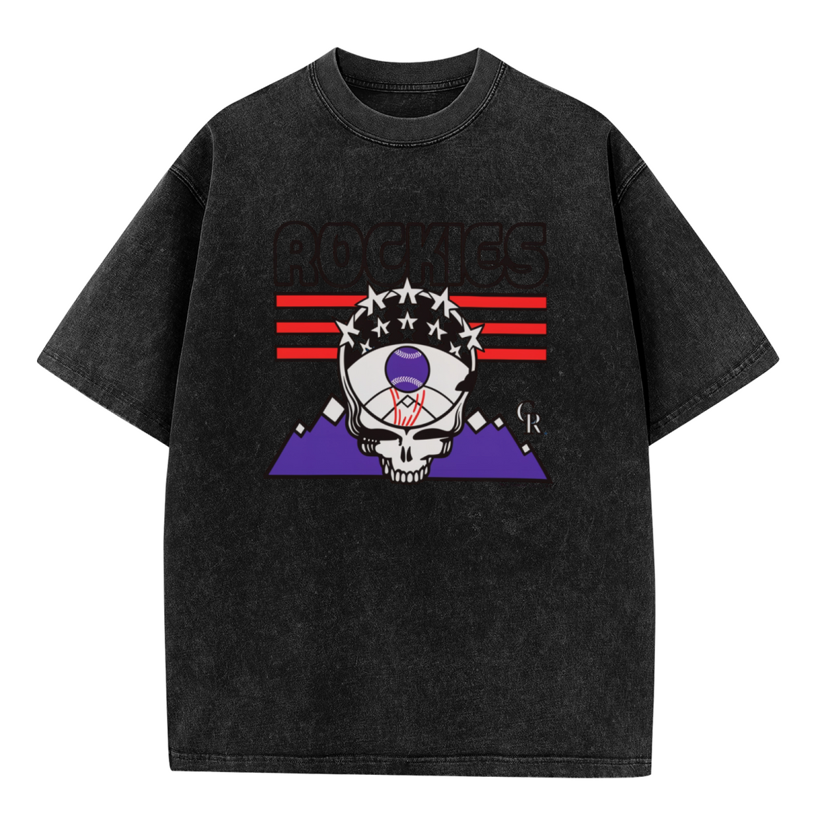 Product image of a washed graphic T-shirt featuring Grateful Dead Skull and baseball emblem