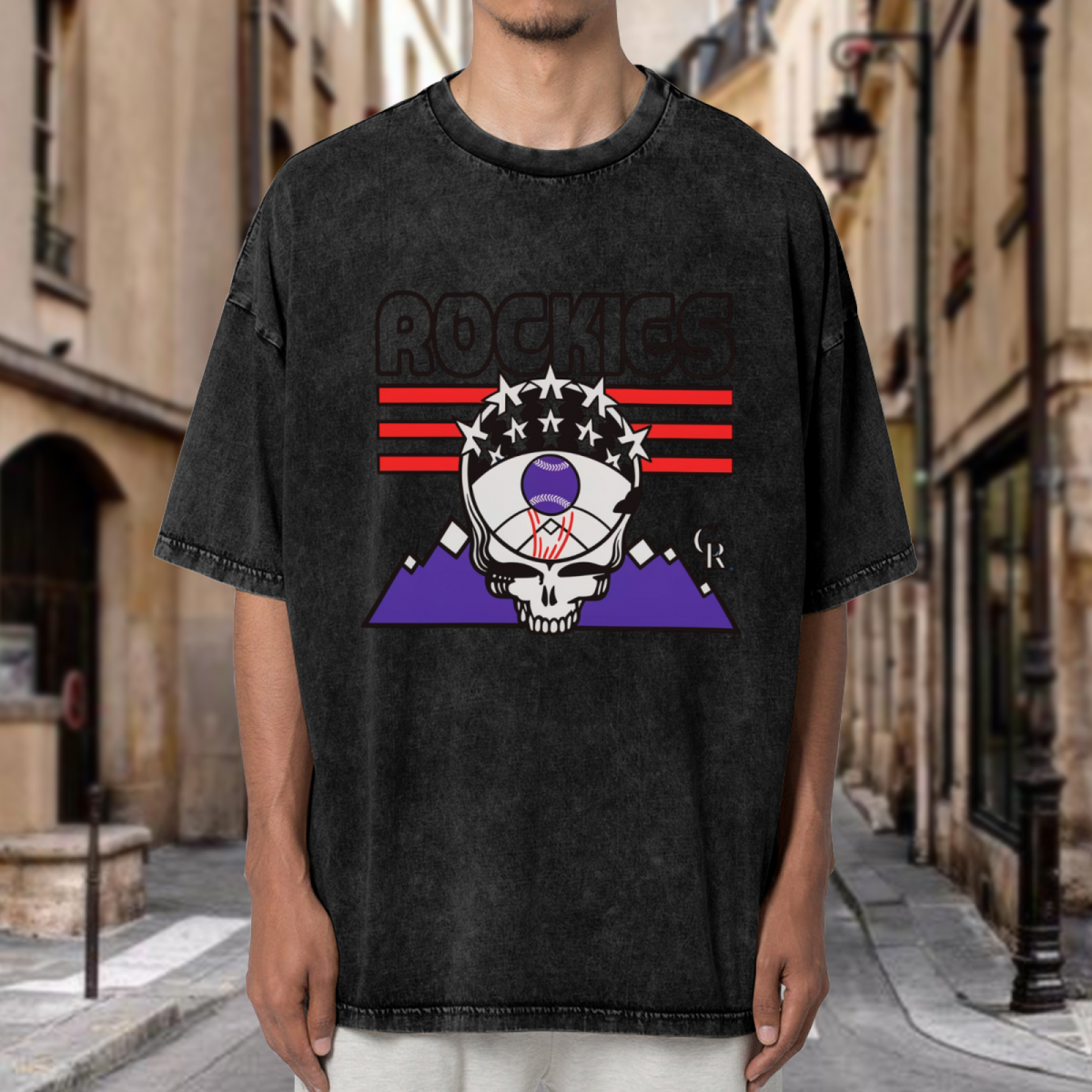 Product image of a washed graphic T-shirt featuring Grateful Dead Skull and baseball emblem