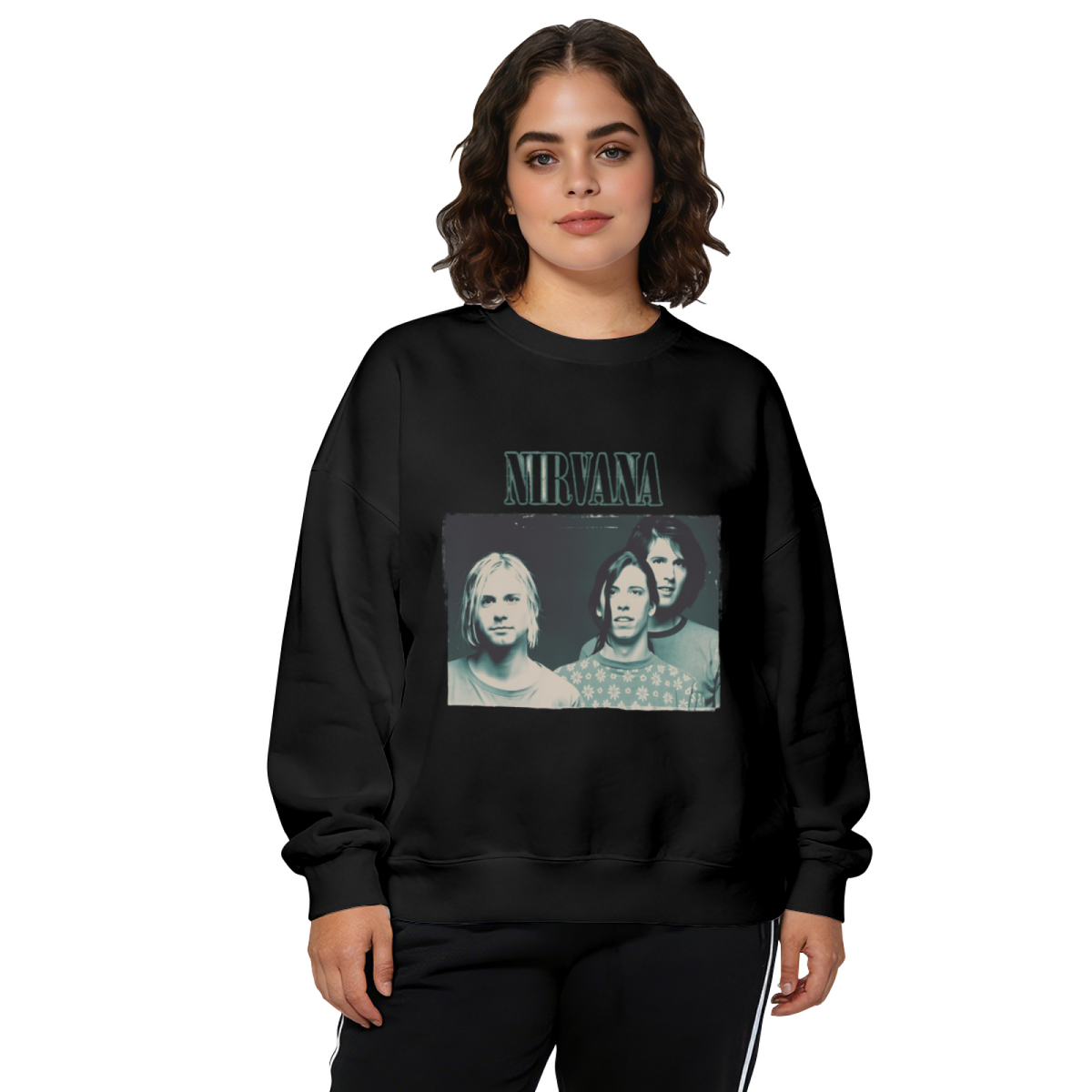 Crewneck sweatshirt product image with blue-toned Nirvana band portrait