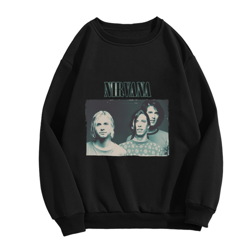 Crewneck sweatshirt product image with blue-toned Nirvana band portrait