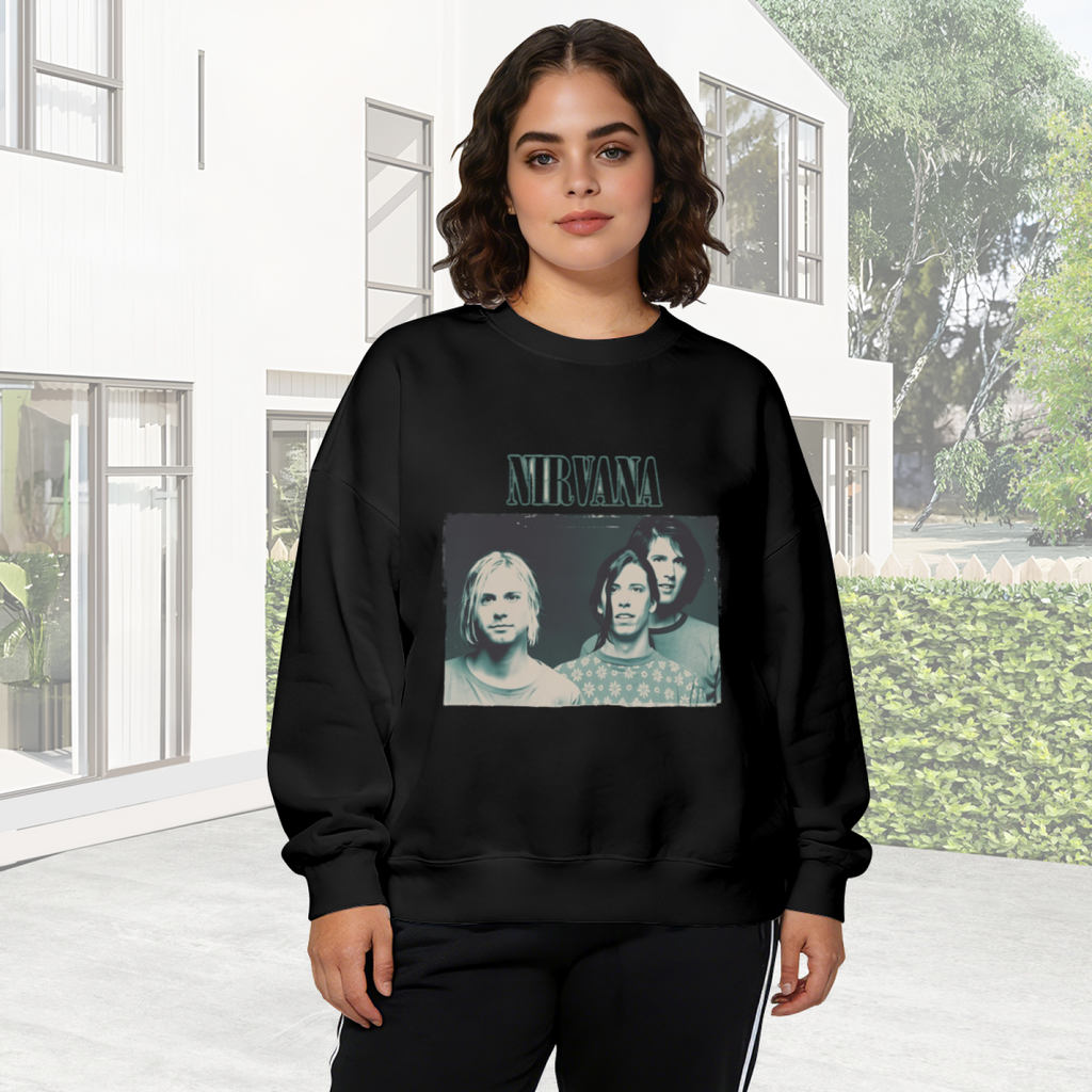 Crewneck sweatshirt product image with blue-toned Nirvana band portrait