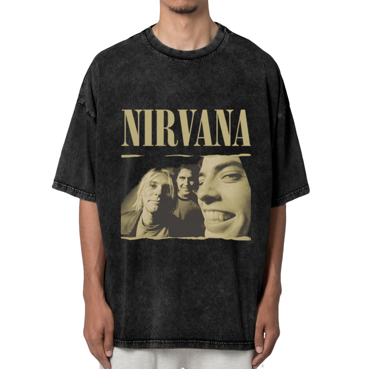 Nirvana Vintage Band Portrait Washed Tee in Black, product image showing a sepia-style band portrait presented with rough, torn-photo-inspired edges and prominent Nirvana lettering
