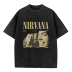 Nirvana Vintage Band Portrait Washed Tee in Black, product image showing a sepia-style band portrait presented with rough, torn-photo-inspired edges and prominent Nirvana lettering