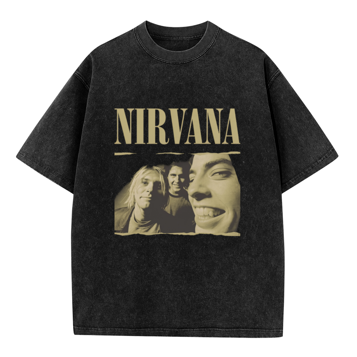 Nirvana Vintage Band Portrait Washed Tee in Black, product image showing a sepia-style band portrait presented with rough, torn-photo-inspired edges and prominent Nirvana lettering