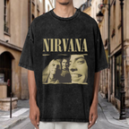 Nirvana Vintage Band Portrait Washed Tee in Black, product image showing a sepia-style band portrait presented with rough, torn-photo-inspired edges and prominent Nirvana lettering