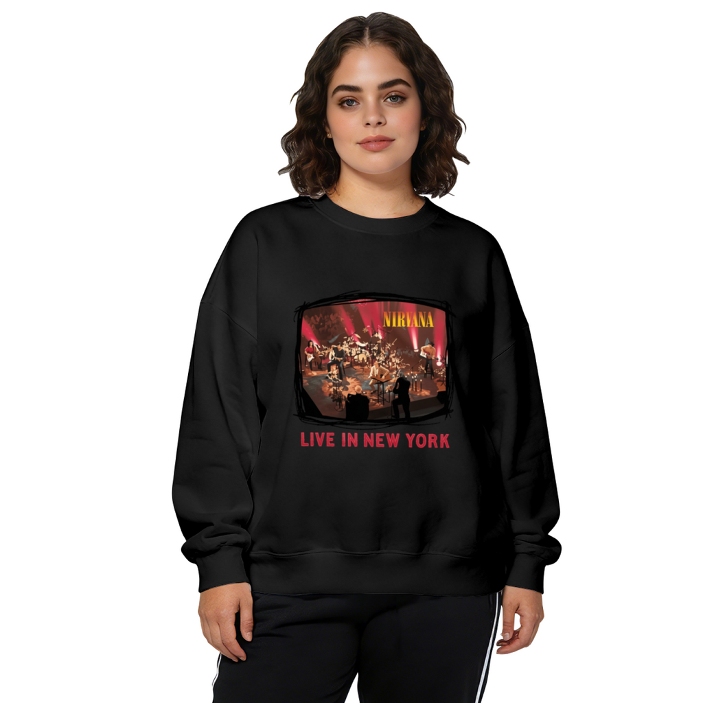Crewneck sweatshirt product image with live New York stage photograph