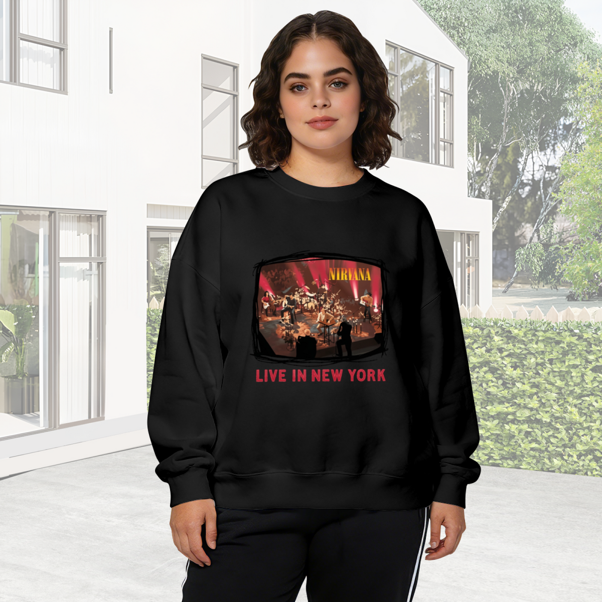 Crewneck sweatshirt product image with live New York stage photograph