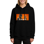 On-model product photo: women's hoodie bearing a cartoon cat and mouse wearing gold chains in a portrait panel