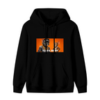 Women's hoodie photographed alone, with a cartoon cat and mouse wearing gold chains in a portrait panel on the front