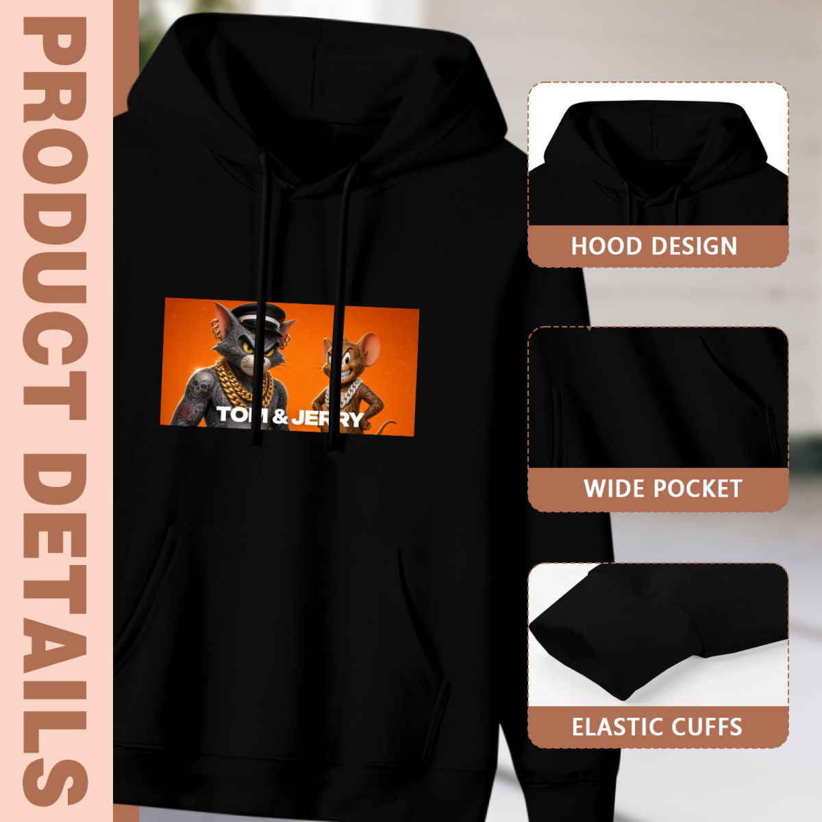 Feature collage for the women's Jewelry on a Cartoon Duo hoodie: hood shape, pouch pocket and cuff finishing