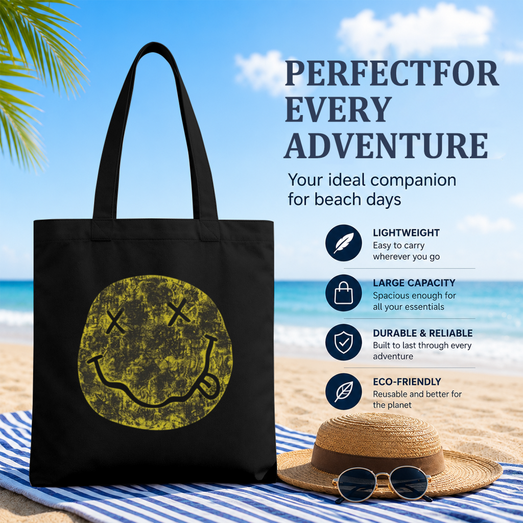 Nirvana I'm So Happy Smiley Canvas Tote Bag — the “I’m So Happy” smiley theme
