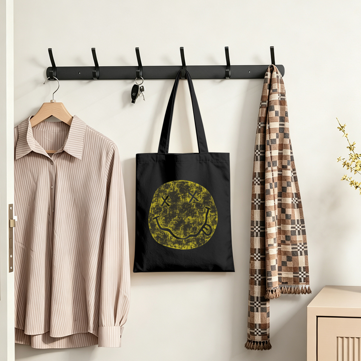 Nirvana I'm So Happy Smiley Canvas Tote Bag — the “I’m So Happy” smiley theme