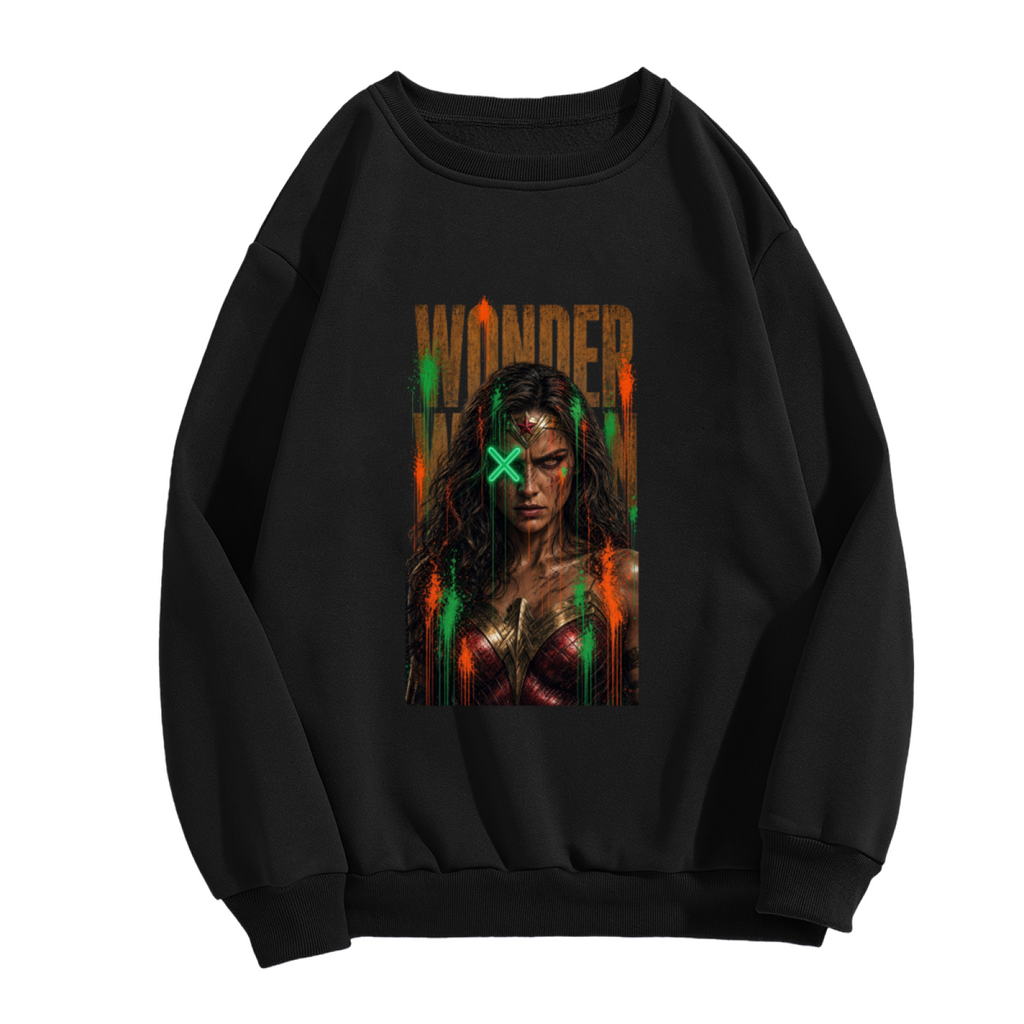 Unworn men's crewneck sweatshirt, front view of the design depicting a tall graffiti-style warrior portrait with a green X across the eyes