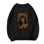 Unworn men's crewneck sweatshirt, front view of the design depicting a tall graffiti-style warrior portrait with a green X across the eyes