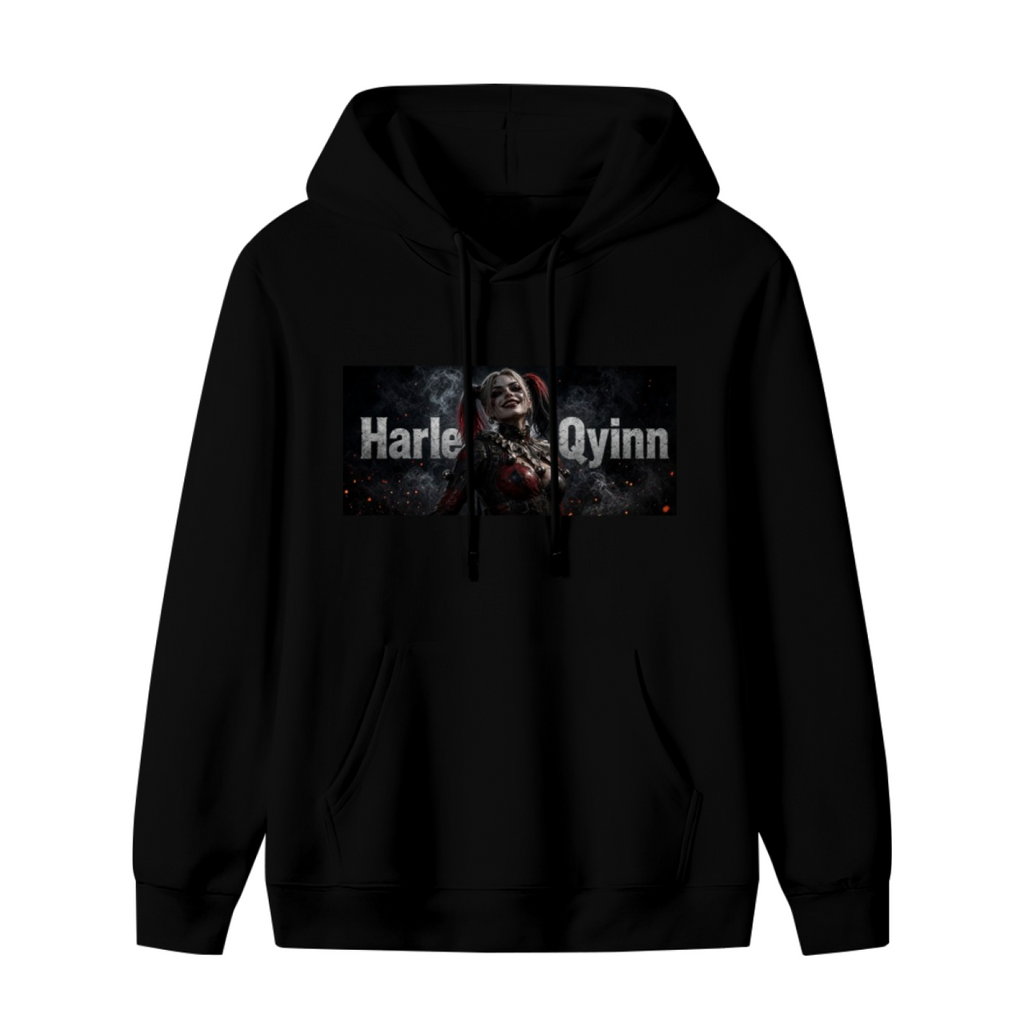 A pigtail rebel portrait in a smoky horizontal panel with lettering shown on the front of a men's hoodie in a standalone product shot
