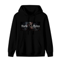 A pigtail rebel portrait in a smoky horizontal panel with lettering shown on the front of a men's hoodie in a standalone product shot
