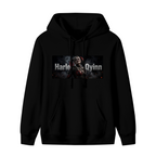 A pigtail rebel portrait in a smoky horizontal panel with lettering shown on the front of a men's hoodie in a standalone product shot