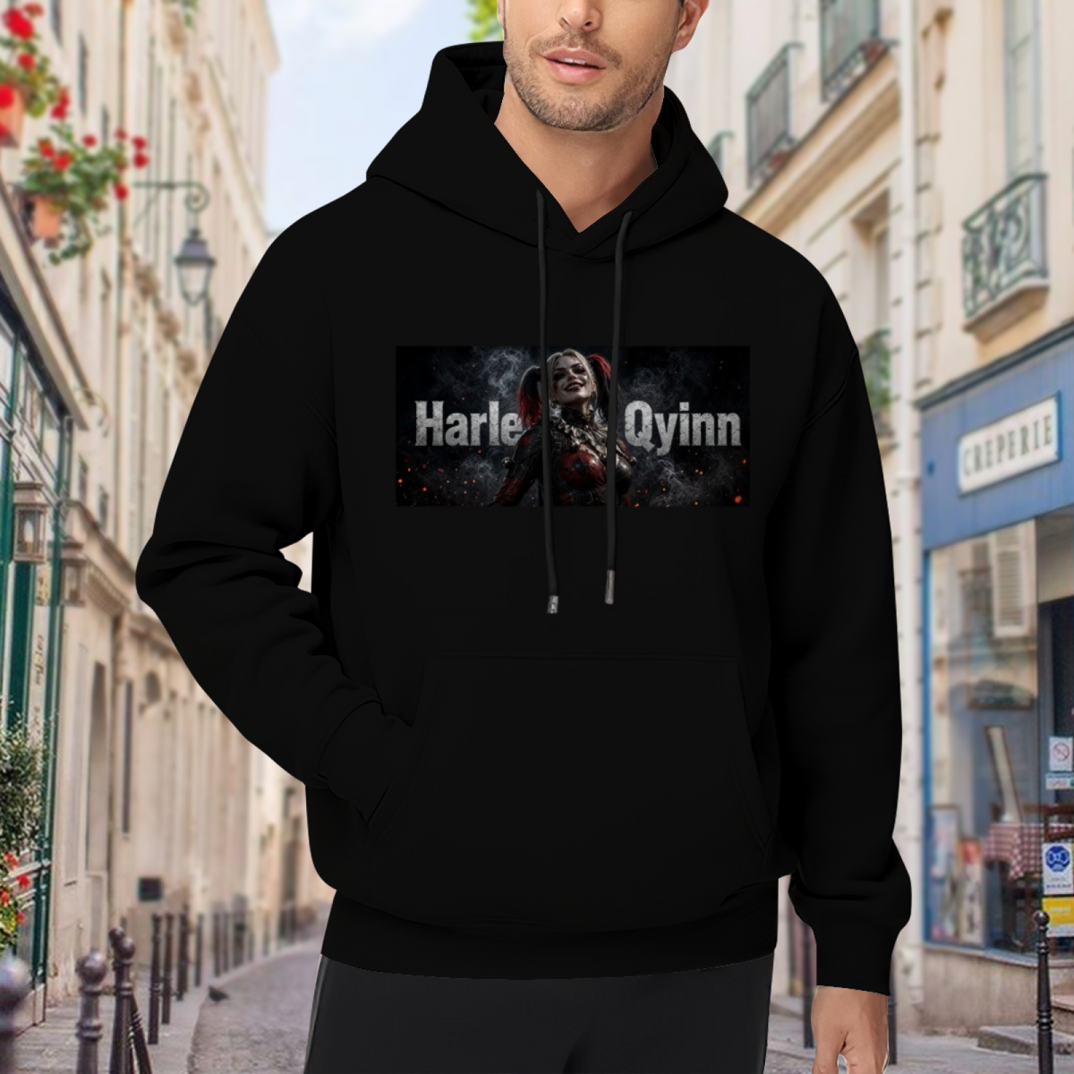 Outdoor photograph of a model in a men's hoodie bearing a pigtail rebel portrait in a smoky horizontal panel with lettering