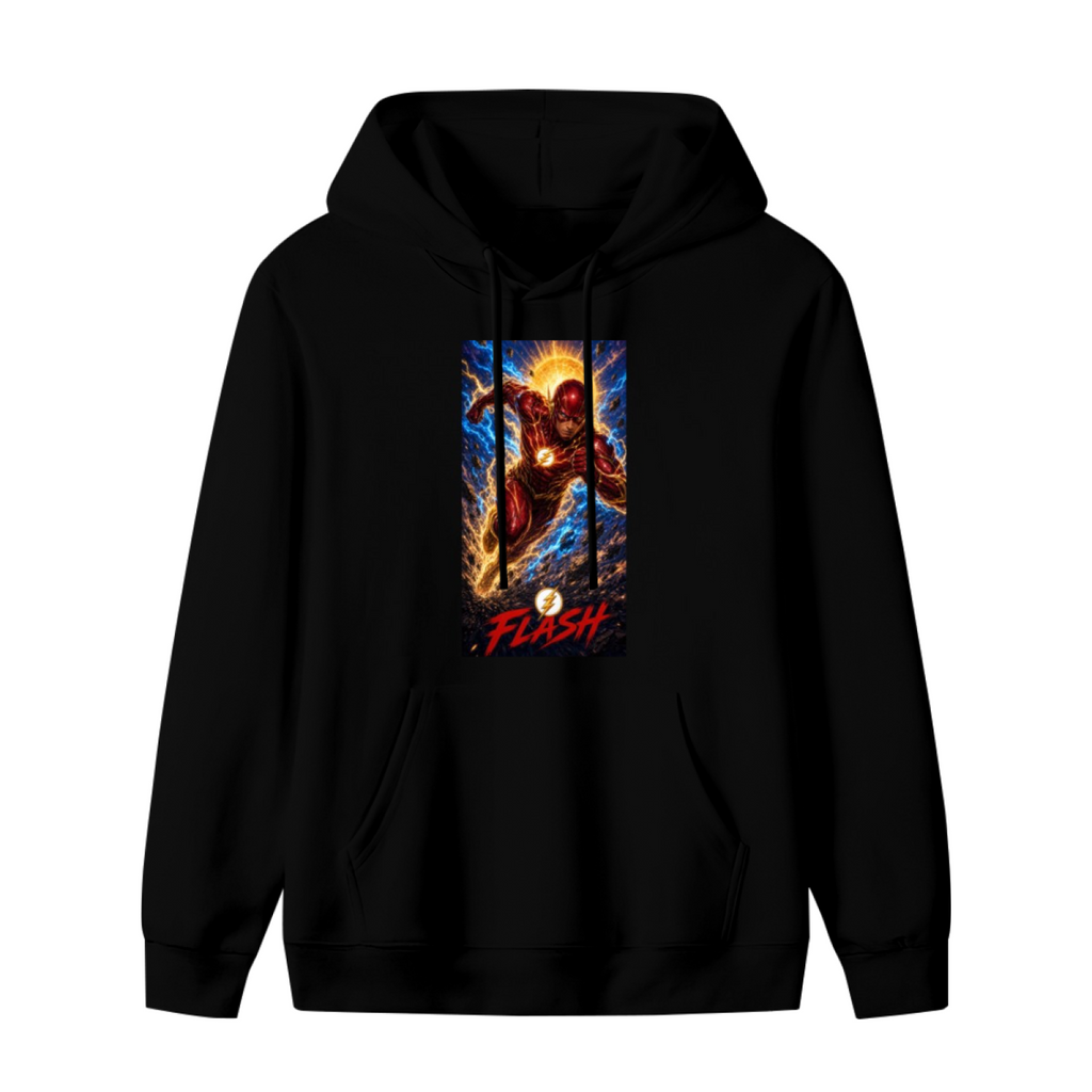 Front garment photograph: men's hoodie decorated with a masked runner charging beneath a sunburst and golden lightning