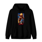 Front garment photograph: men's hoodie decorated with a masked runner charging beneath a sunburst and golden lightning