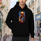 A masked runner charging beneath a sunburst and golden lightning visible on a men's hoodie in an outdoor front model view