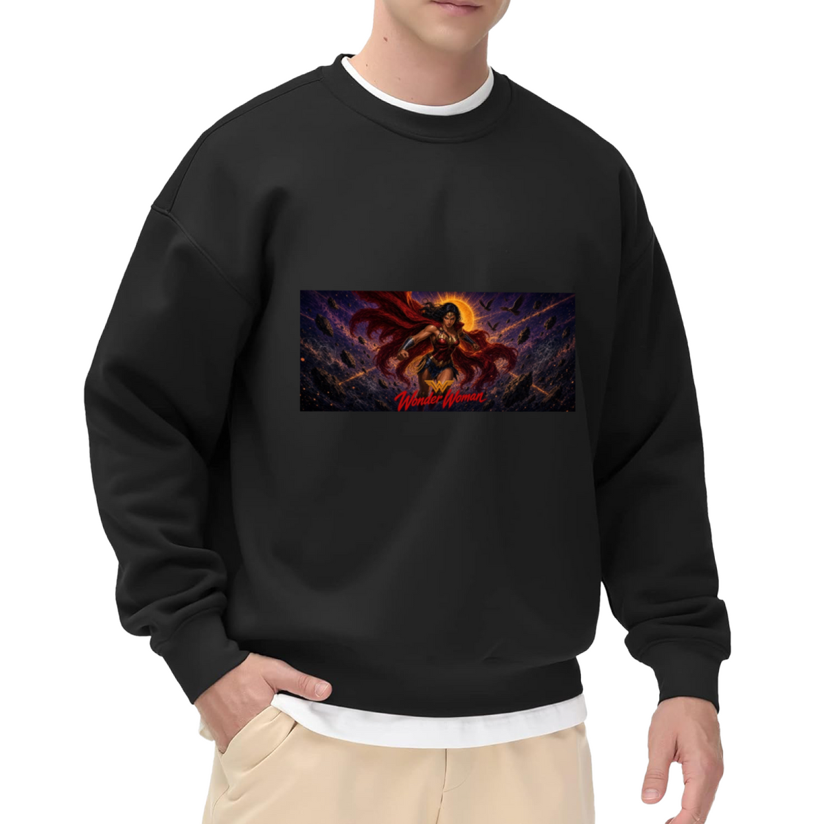 Front-facing model wearing a men's crewneck sweatshirt decorated with a lasso-wielding warrior in a wide cosmic action scene