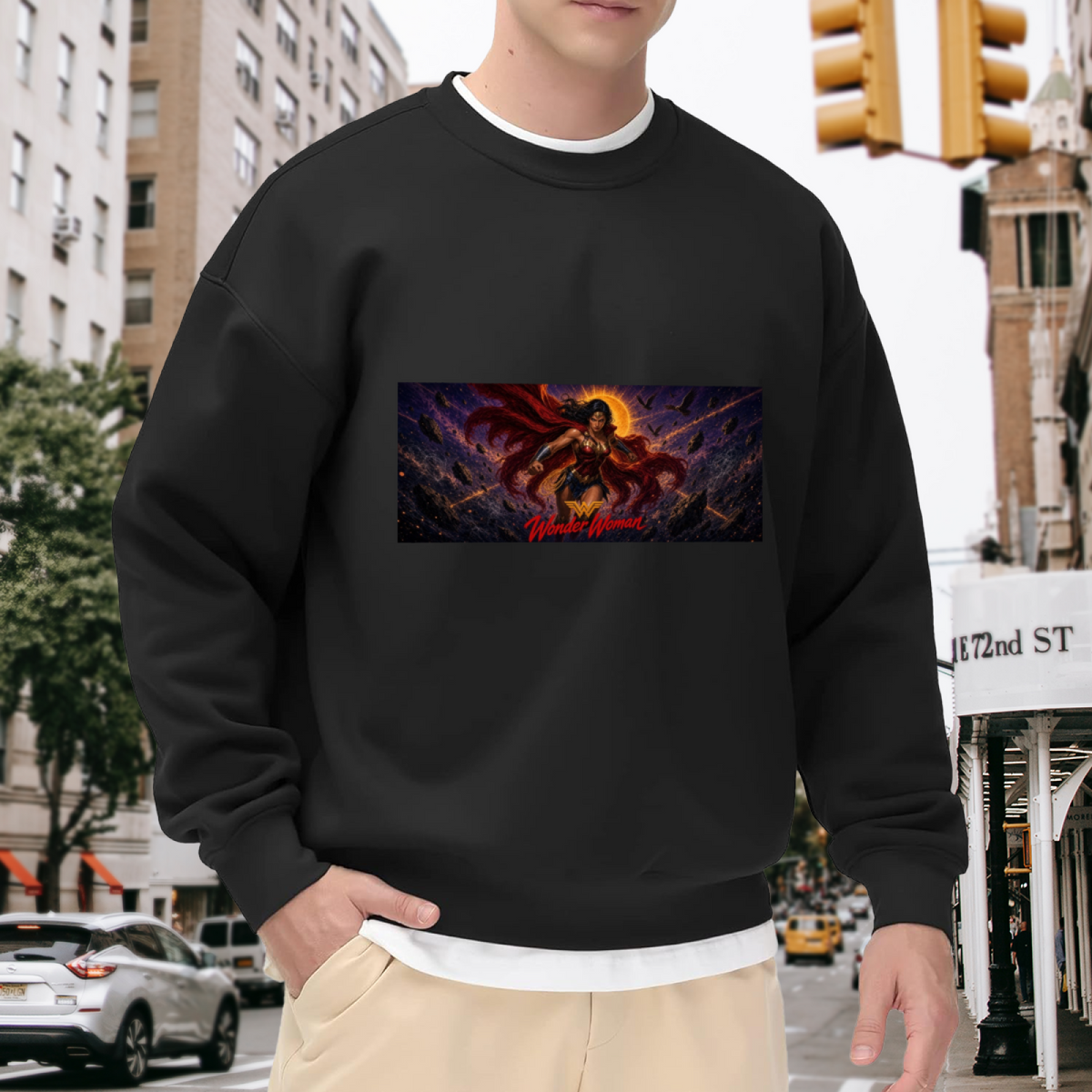 Outdoor photograph of a model in a men's crewneck sweatshirt bearing a lasso-wielding warrior in a wide cosmic action scene