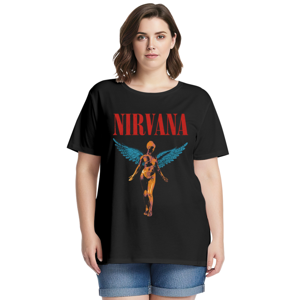 Graphic T-shirt product image with in utero blue wing angel artwork, black colorway