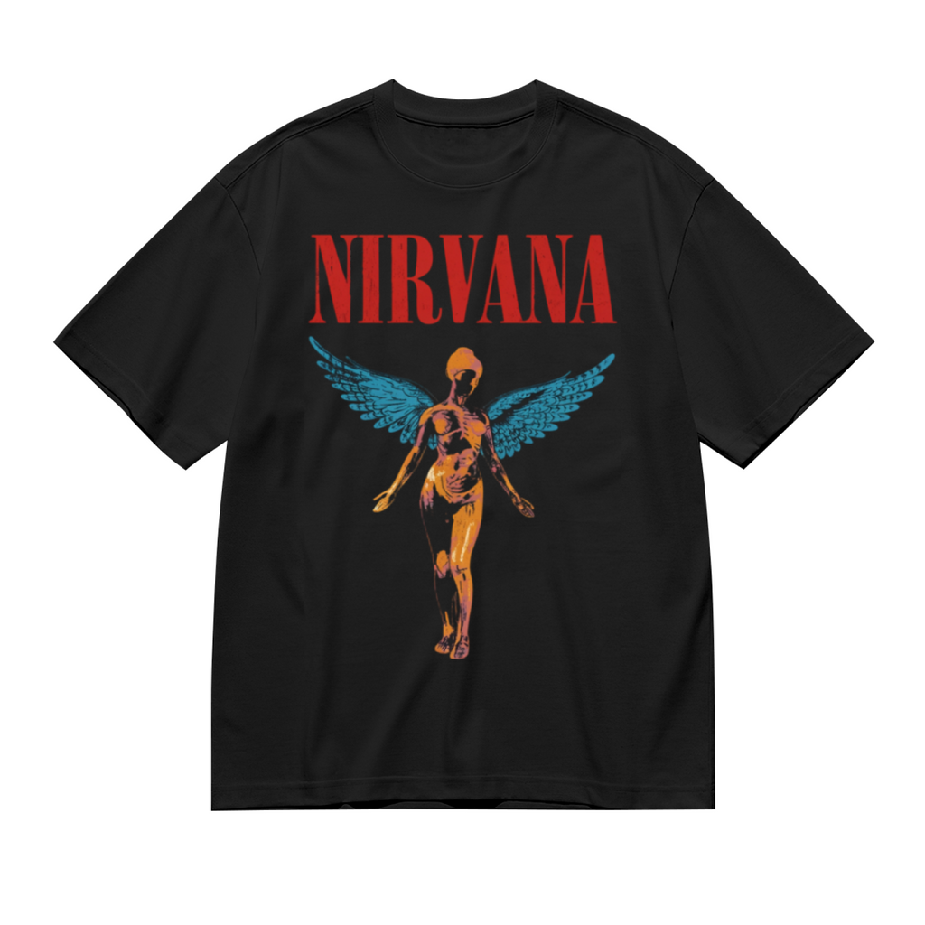 Graphic T-shirt product image with in utero blue wing angel artwork