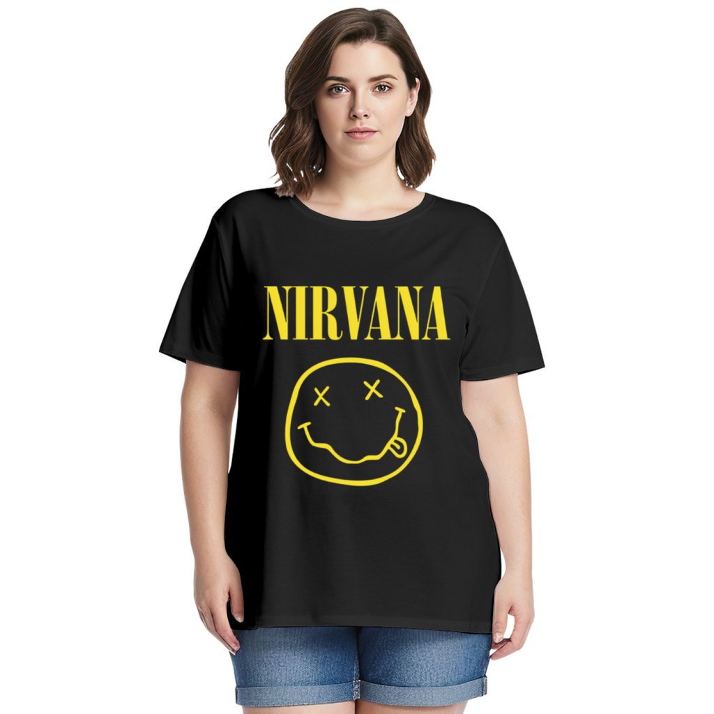 Graphic T-shirt product image with classic yellow smiley face artwork, black colorway
