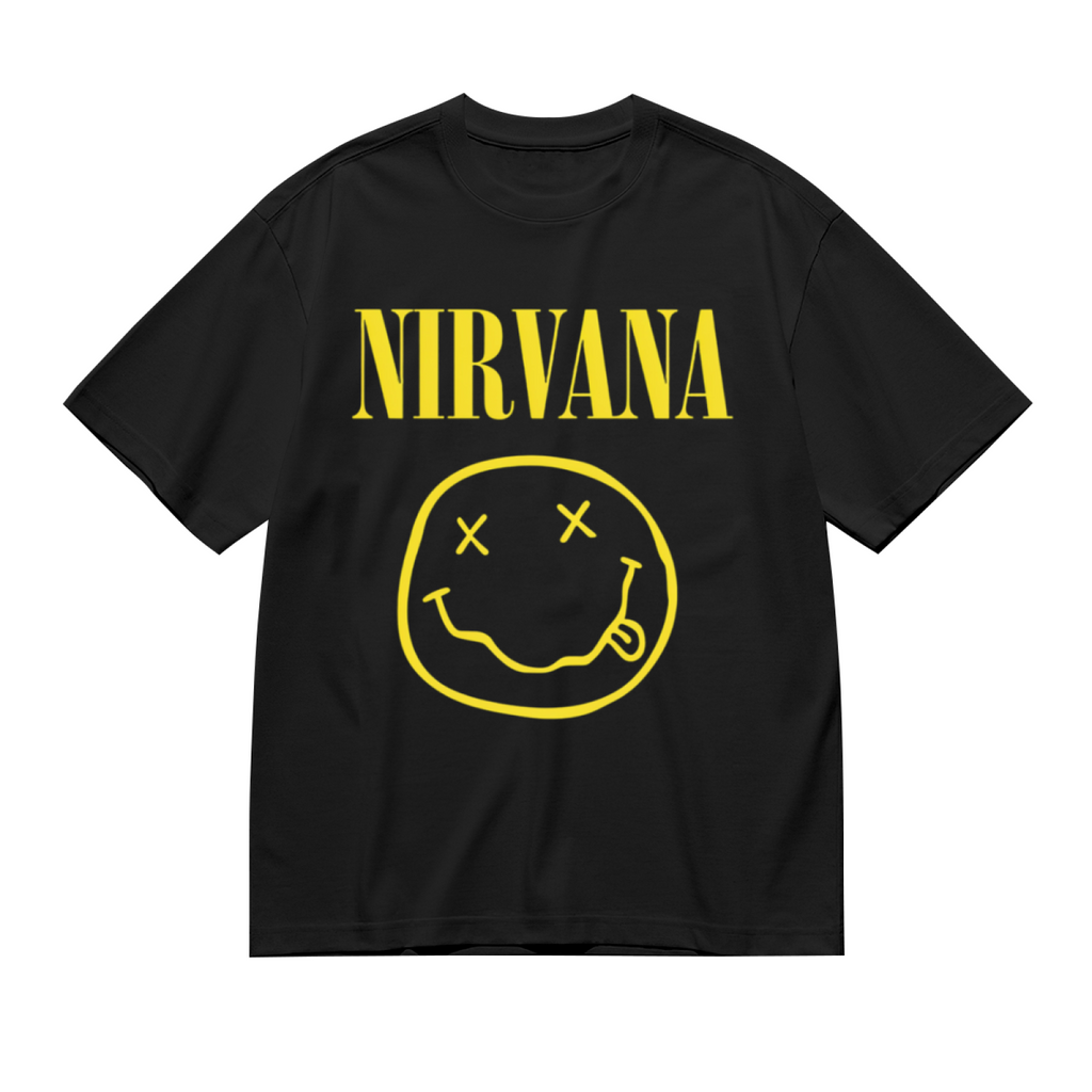 Graphic T-shirt product image with classic yellow smiley face artwork