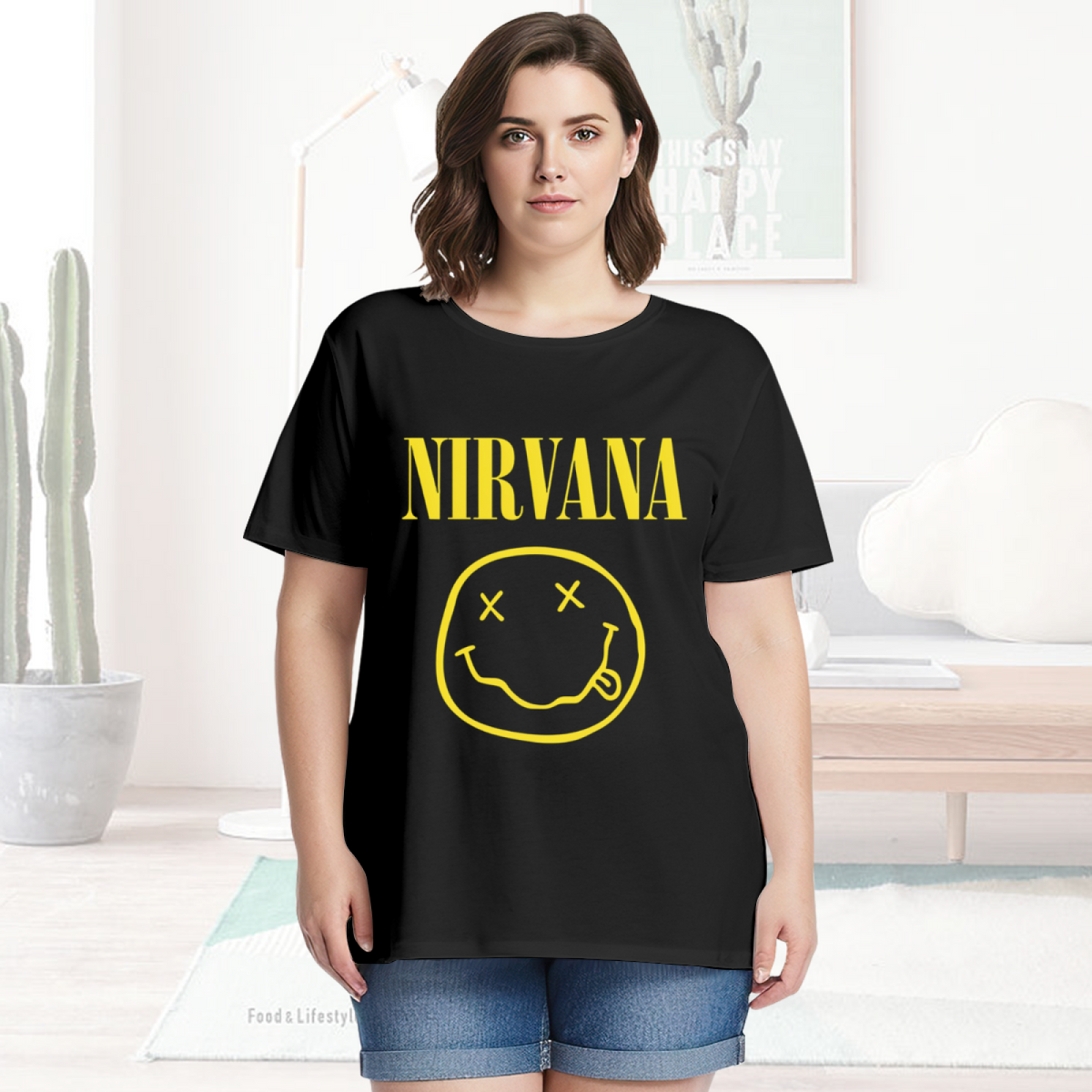 Graphic T-shirt product image with classic yellow smiley face artwork