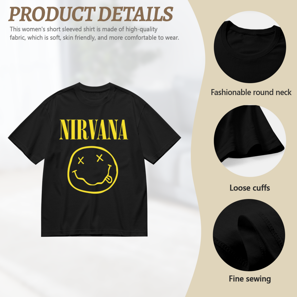 Graphic T-shirt product image with classic yellow smiley face artwork