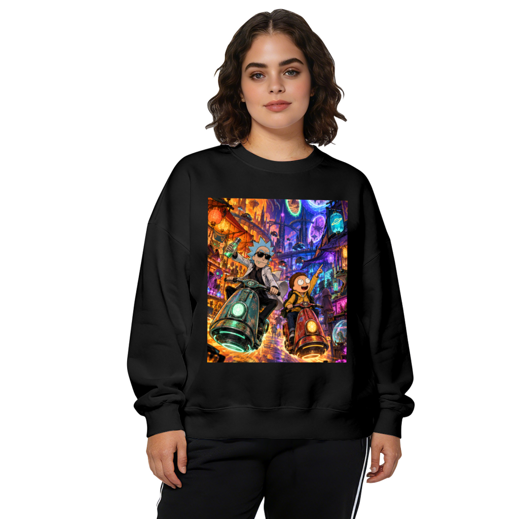 Studio photograph of a model in a women's crewneck sweatshirt showing two scooter riders traveling through a neon-lit portal scene