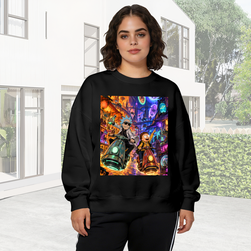 Women's crewneck sweatshirt worn outside, with the camera facing the graphic of two scooter riders traveling through a neon-lit portal scene