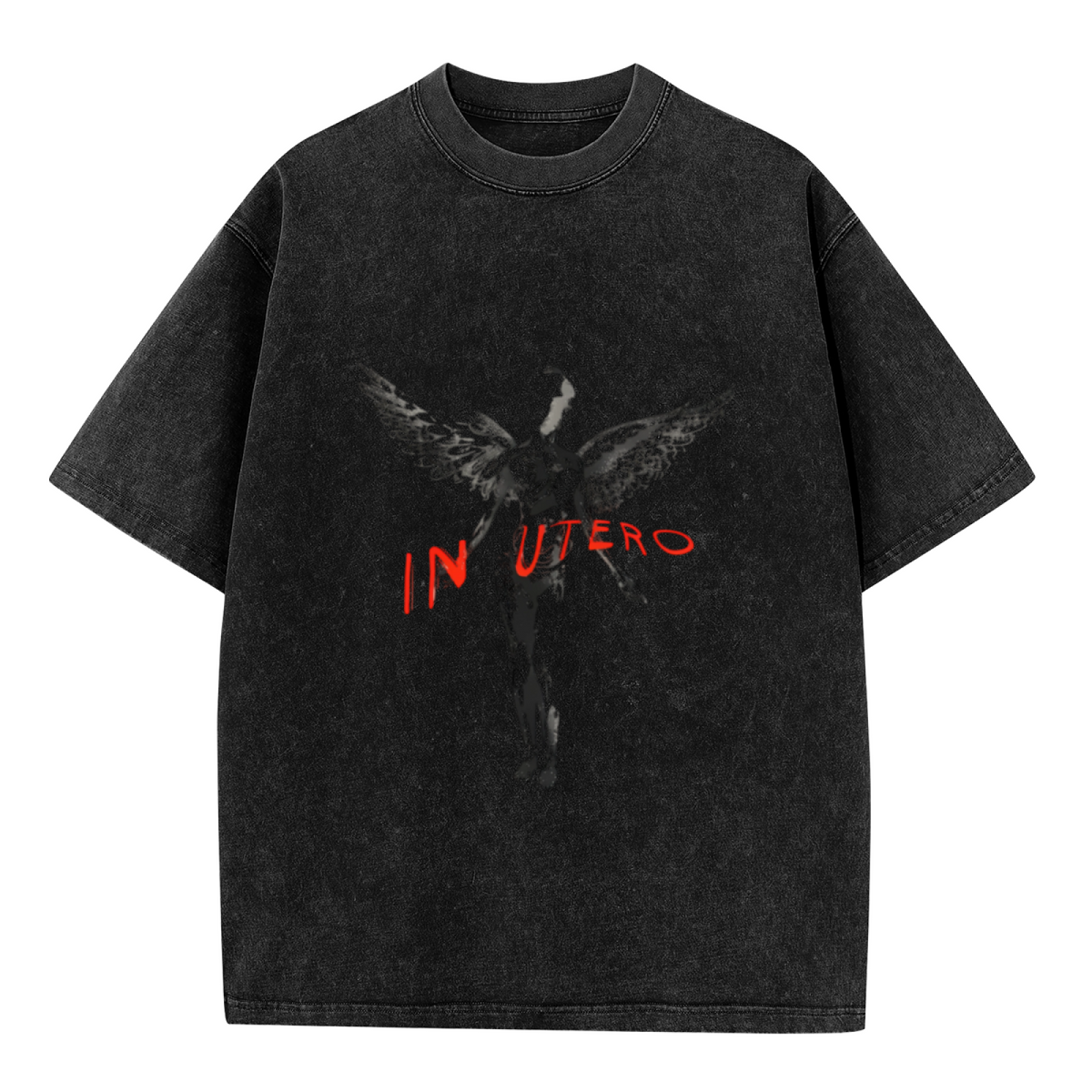 Nirvana In Utero Dark Angel Washed Tee in Black, product image showing an In Utero-inspired dark angel image with red typography.