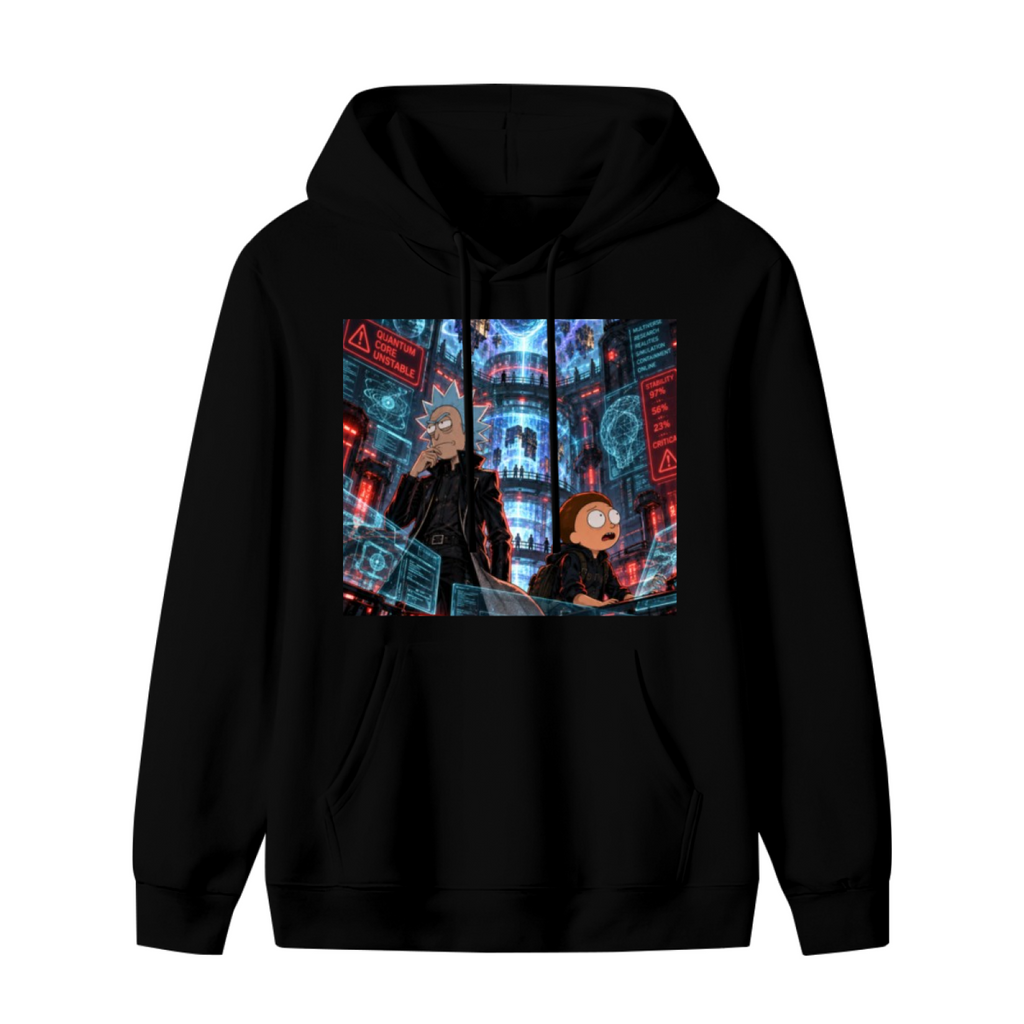 Standalone men's hoodie front displaying a graphic of travelers among floating holographic displays in a futuristic city