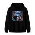 Standalone men's hoodie front displaying a graphic of travelers among floating holographic displays in a futuristic city